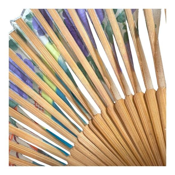 Vintage Hand-Painted Wooden Folding Fan Purple Wisteria Floral Landscape READ - Picture 8 of 10